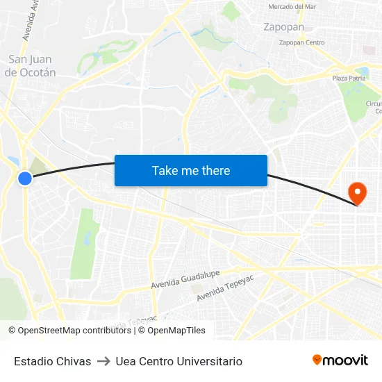 Estadio Chivas to Uea Centro Universitario map
