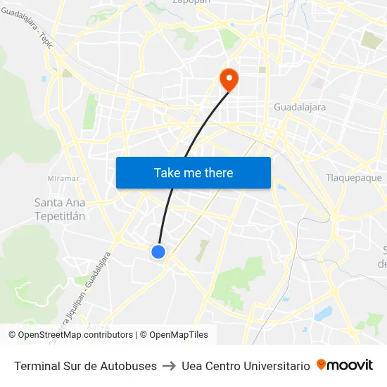Terminal Sur de Autobuses to Uea Centro Universitario map