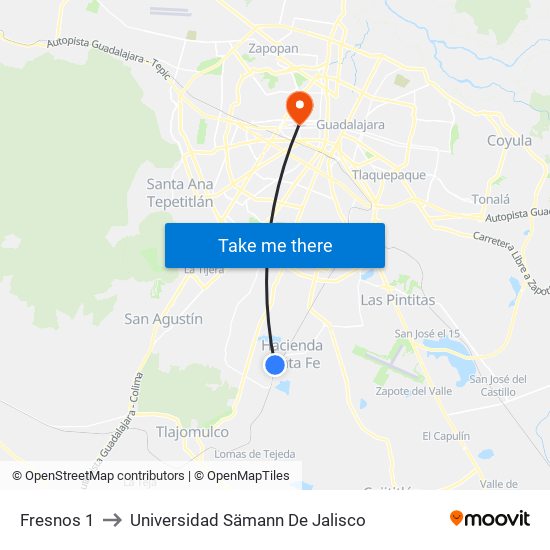 Fresnos 1 to Universidad Sämann De Jalisco map