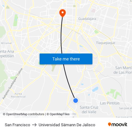 San Francisco to Universidad Sämann De Jalisco map