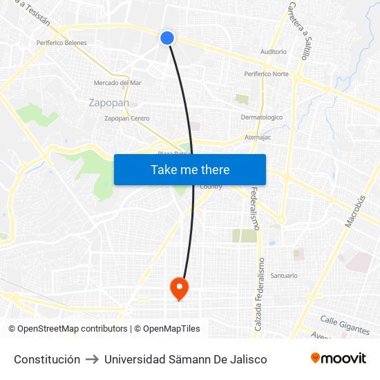 Constitución to Universidad Sämann De Jalisco map