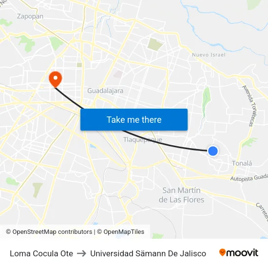 Loma Cocula Ote to Universidad Sämann De Jalisco map
