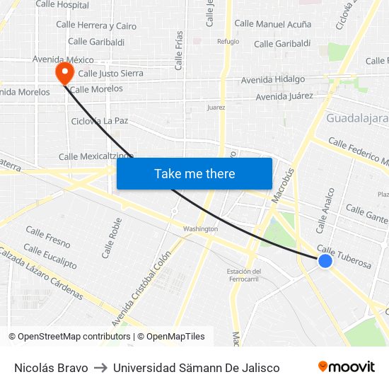 Nicolás Bravo to Universidad Sämann De Jalisco map