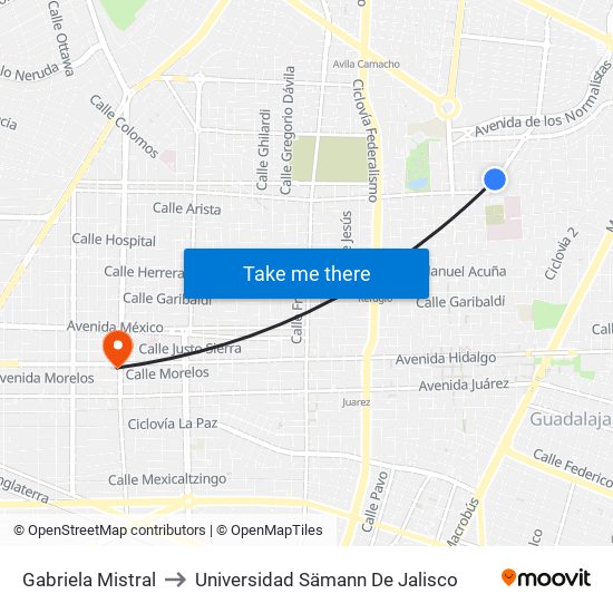 Gabriela Mistral to Universidad Sämann De Jalisco map