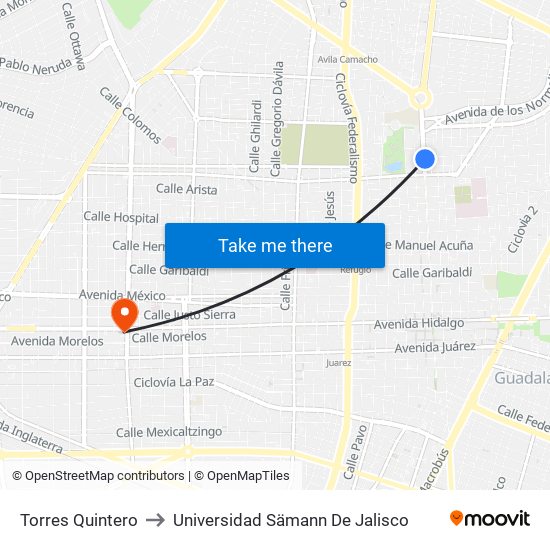 Torres Quintero to Universidad Sämann De Jalisco map