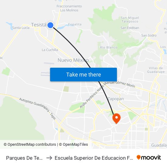 Parques De Tesistán III to Escuela Superior De Educacion Fisica De Jalisco map