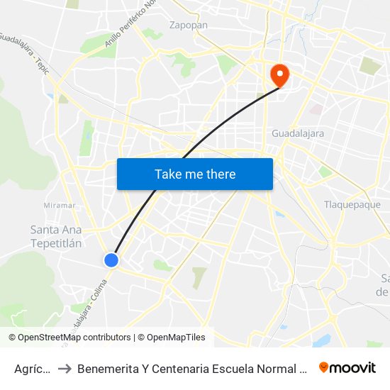 Agrícola to Benemerita Y Centenaria Escuela Normal De Jalisco map