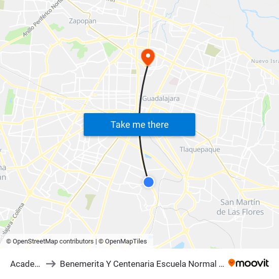 Academia to Benemerita Y Centenaria Escuela Normal De Jalisco map