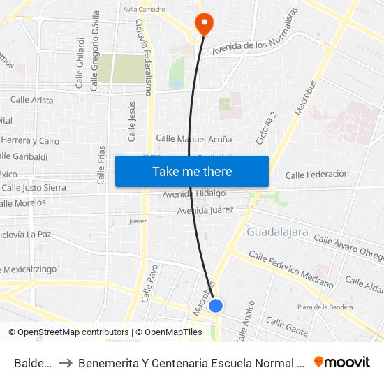 Balderas to Benemerita Y Centenaria Escuela Normal De Jalisco map