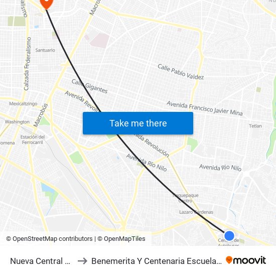 Nueva Central Camionera to Benemerita Y Centenaria Escuela Normal De Jalisco map