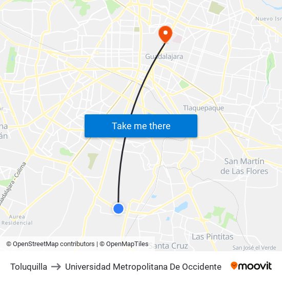 Toluquilla to Universidad Metropolitana De Occidente map