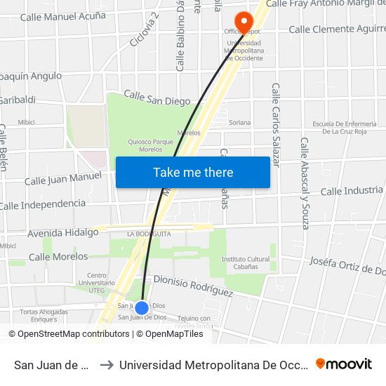 San Juan de Dios to Universidad Metropolitana De Occidente map