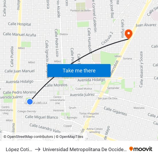 López Cotilla to Universidad Metropolitana De Occidente map