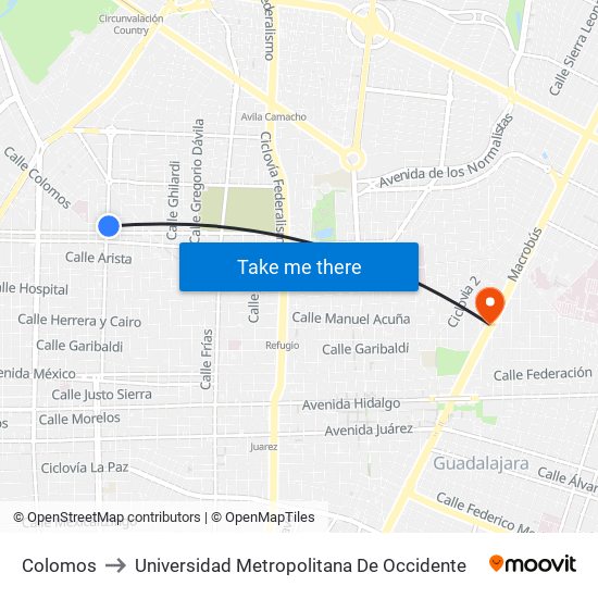 Colomos to Universidad Metropolitana De Occidente map