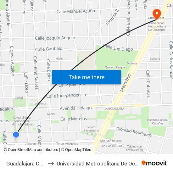 Guadalajara Centro to Universidad Metropolitana De Occidente map