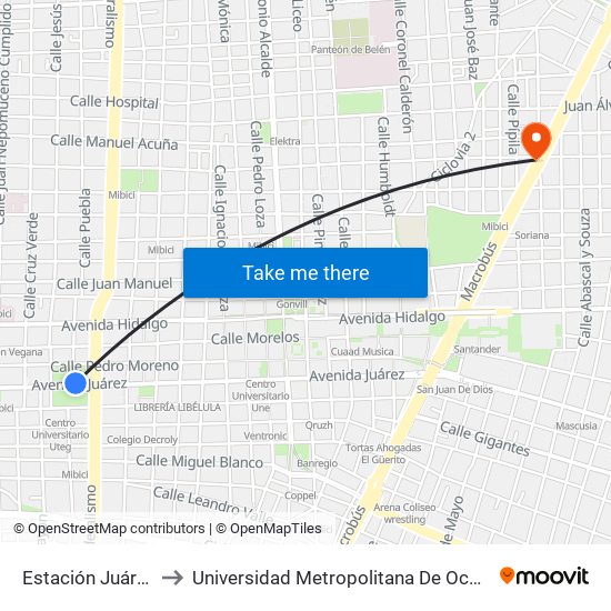 Estación Juárez 2 to Universidad Metropolitana De Occidente map