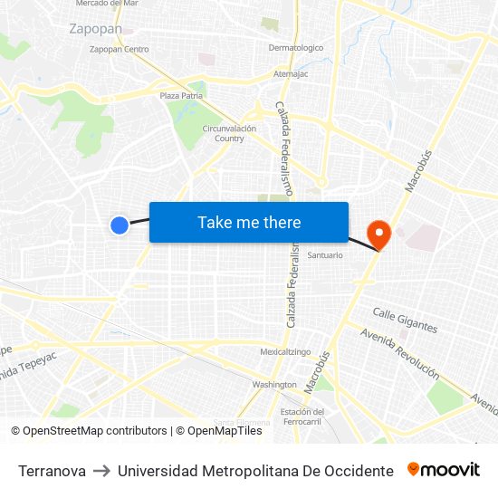 Terranova to Universidad Metropolitana De Occidente map