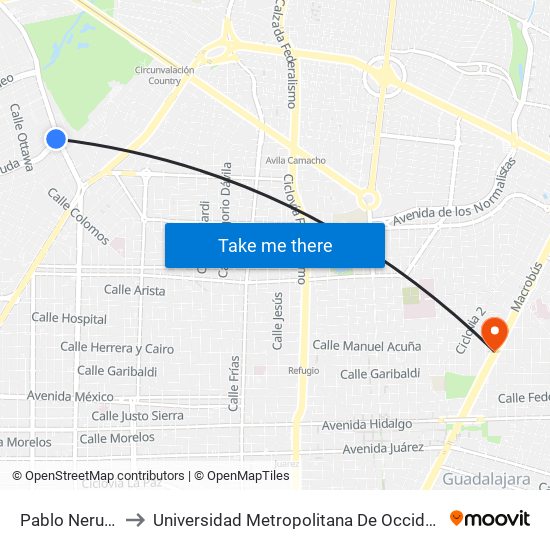 Pablo Neruda to Universidad Metropolitana De Occidente map