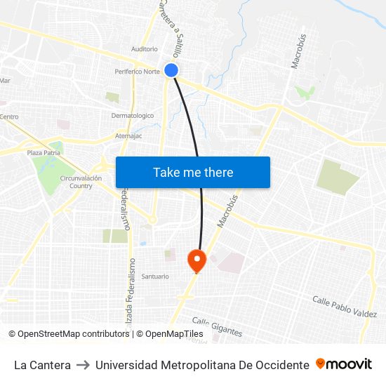 La Cantera to Universidad Metropolitana De Occidente map