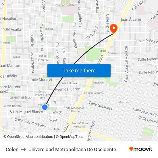 Colón to Universidad Metropolitana De Occidente map