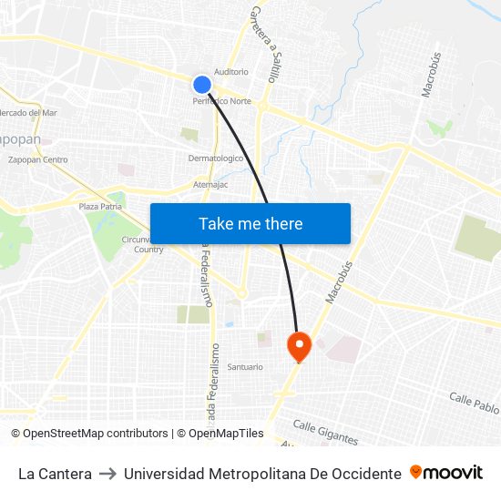 La Cantera to Universidad Metropolitana De Occidente map
