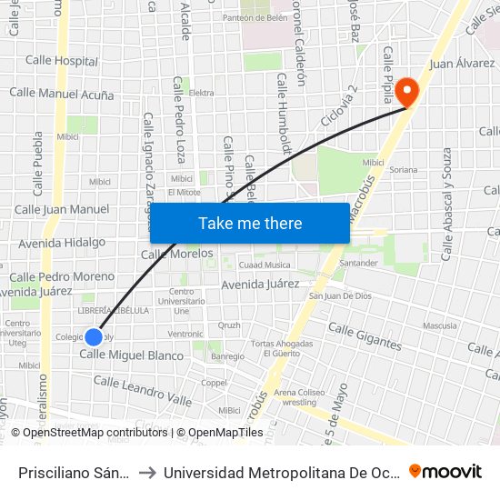 Prisciliano Sánchez to Universidad Metropolitana De Occidente map