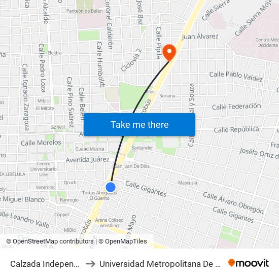 Calzada Independencia to Universidad Metropolitana De Occidente map