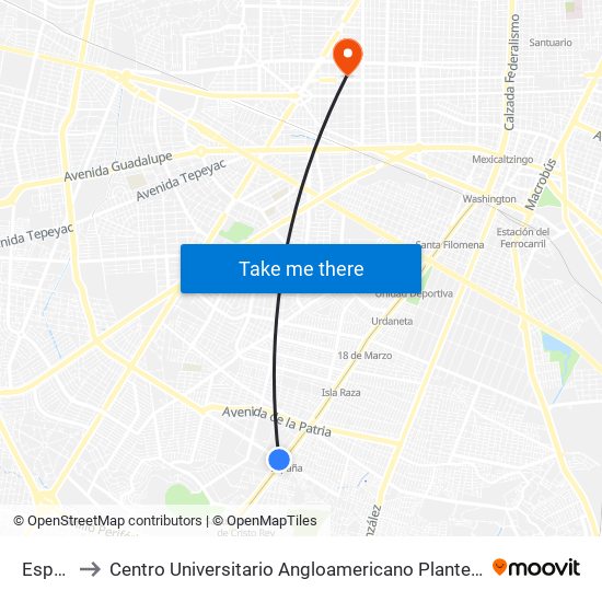España to Centro Universitario Angloamericano Plantel Guadalajara map