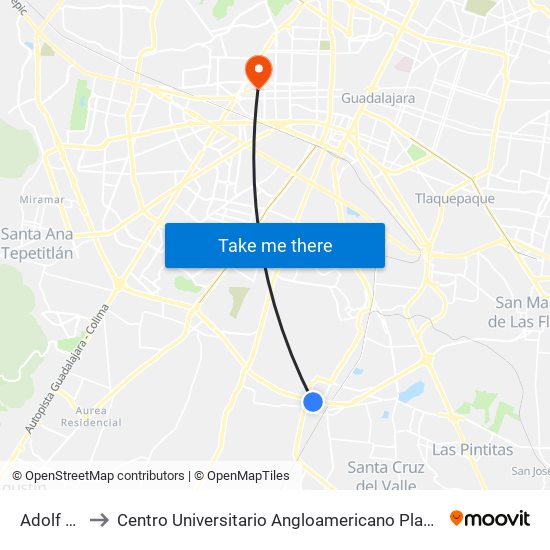 Adolf Horn to Centro Universitario Angloamericano Plantel Guadalajara map