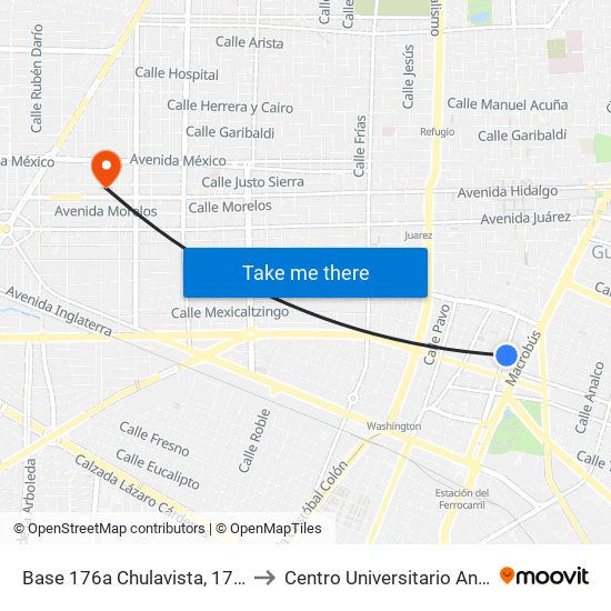 Base 176a Chulavista, 176b, T13a-5, 178 Lilas Y 180a Rancho to Centro Universitario Angloamericano Plantel Guadalajara map