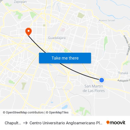 Chapultepec to Centro Universitario Angloamericano Plantel Guadalajara map