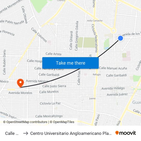 Calle Belén to Centro Universitario Angloamericano Plantel Guadalajara map