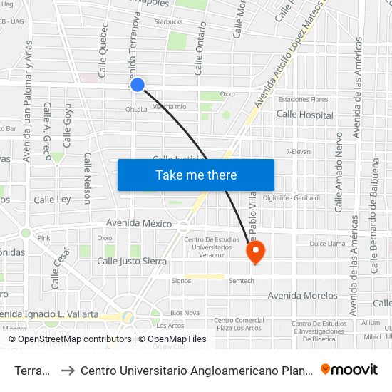 Terranova to Centro Universitario Angloamericano Plantel Guadalajara map