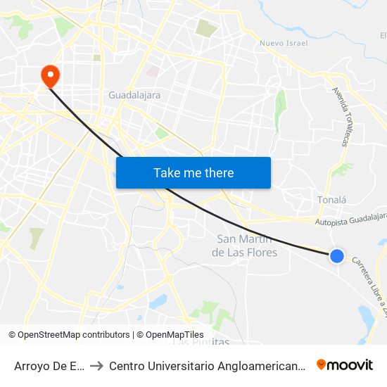 Arroyo De En Medio to Centro Universitario Angloamericano Plantel Guadalajara map