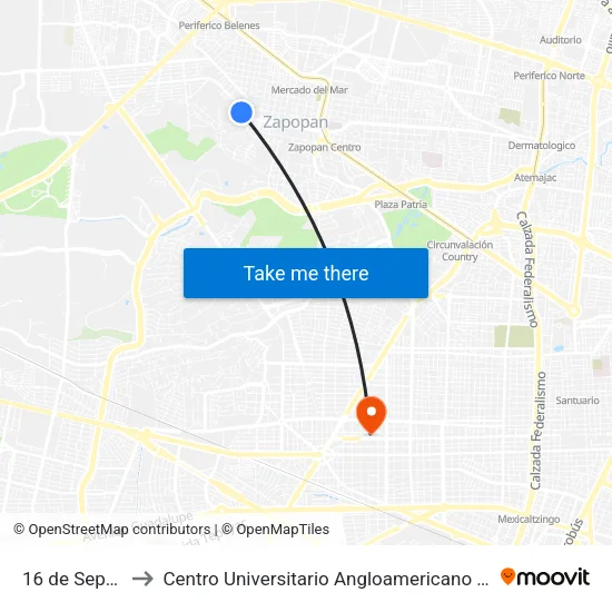 16 de Septiembre to Centro Universitario Angloamericano Plantel Guadalajara map
