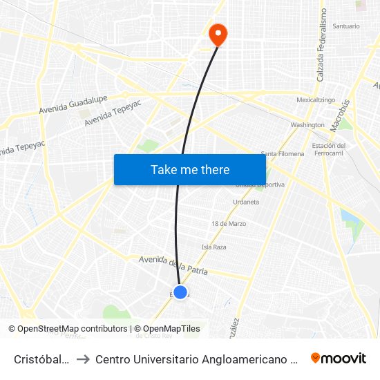 Cristóbal Colón to Centro Universitario Angloamericano Plantel Guadalajara map