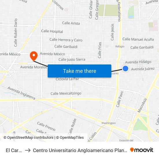 El Carmen to Centro Universitario Angloamericano Plantel Guadalajara map