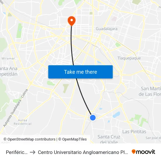 Periférico Sur to Centro Universitario Angloamericano Plantel Guadalajara map