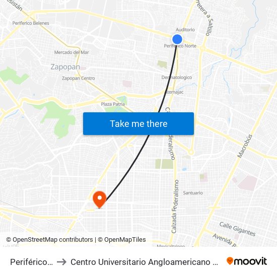 Periférico Norte to Centro Universitario Angloamericano Plantel Guadalajara map