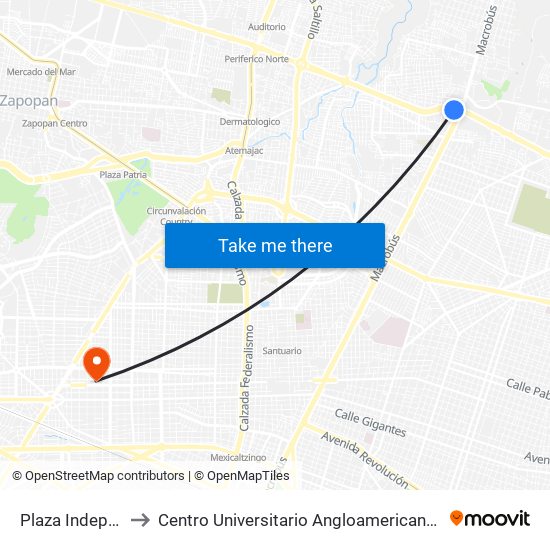 Plaza Independencia to Centro Universitario Angloamericano Plantel Guadalajara map