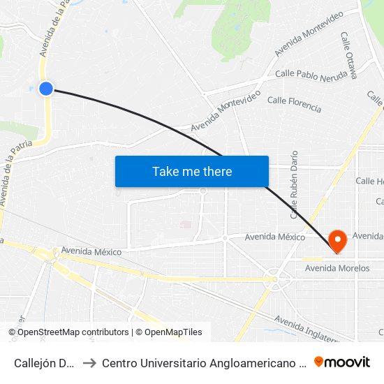 Callejón Del Muro to Centro Universitario Angloamericano Plantel Guadalajara map