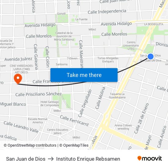 San Juan de Dios to Instituto Enrique Rebsamen map