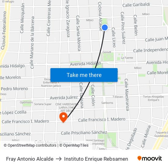 Fray Antonio Alcalde to Instituto Enrique Rebsamen map