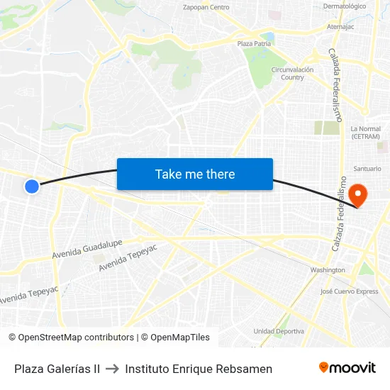 Plaza Galerías II to Instituto Enrique Rebsamen map