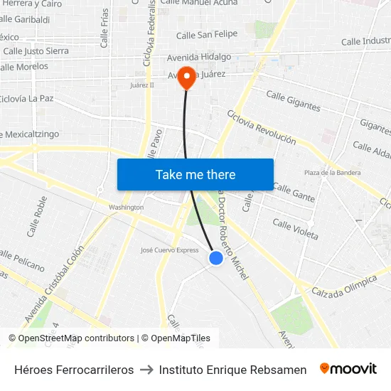 Héroes Ferrocarrileros to Instituto Enrique Rebsamen map