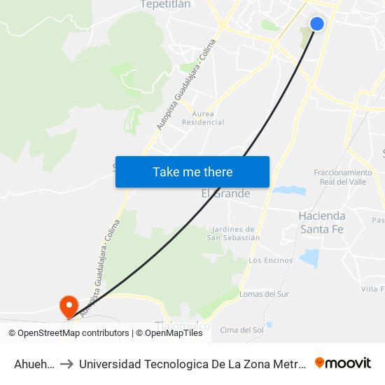 Ahuehuetes to Universidad Tecnologica De La Zona Metropolitana De Guadalajara map