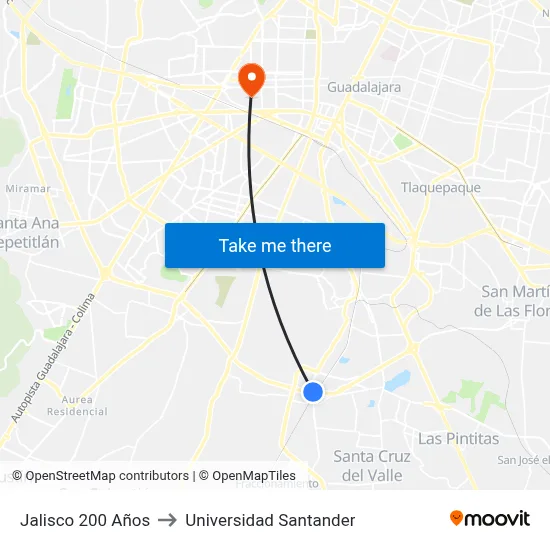 Jalisco 200 Años to Universidad Santander map