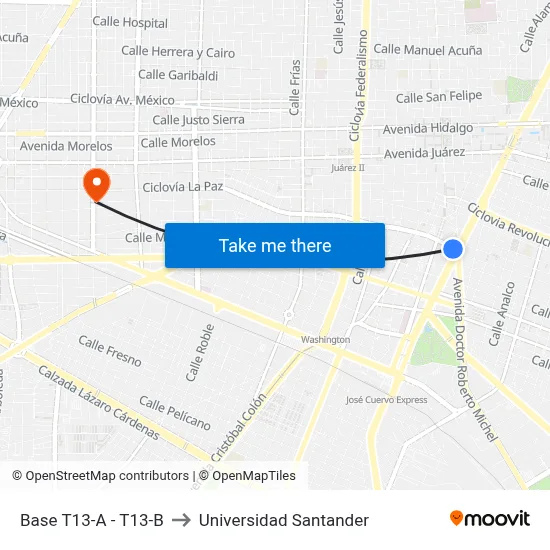 Base T13-A - T13-B to Universidad Santander map