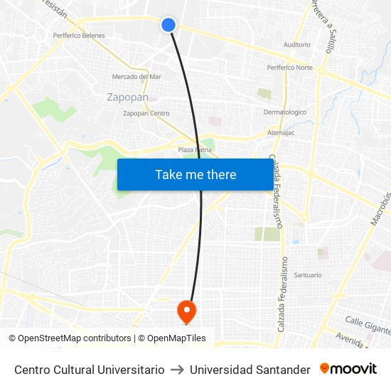 Centro Cultural Universitario to Universidad Santander map