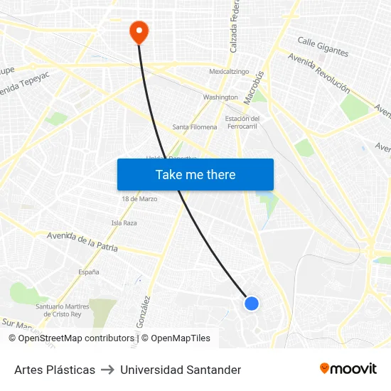 Artes Plásticas to Universidad Santander map